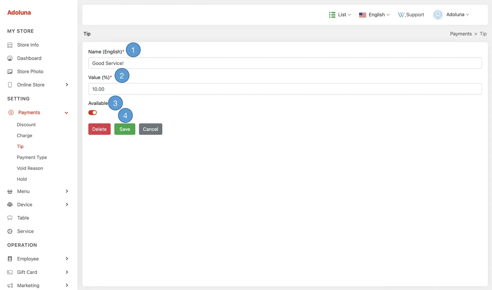 Adoluna Backoffice screen – Tip 2 (Payments: Tip)