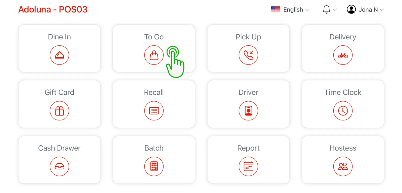 Adoluna POS screen – To Go 1 (Order Entry: Take Out Order)