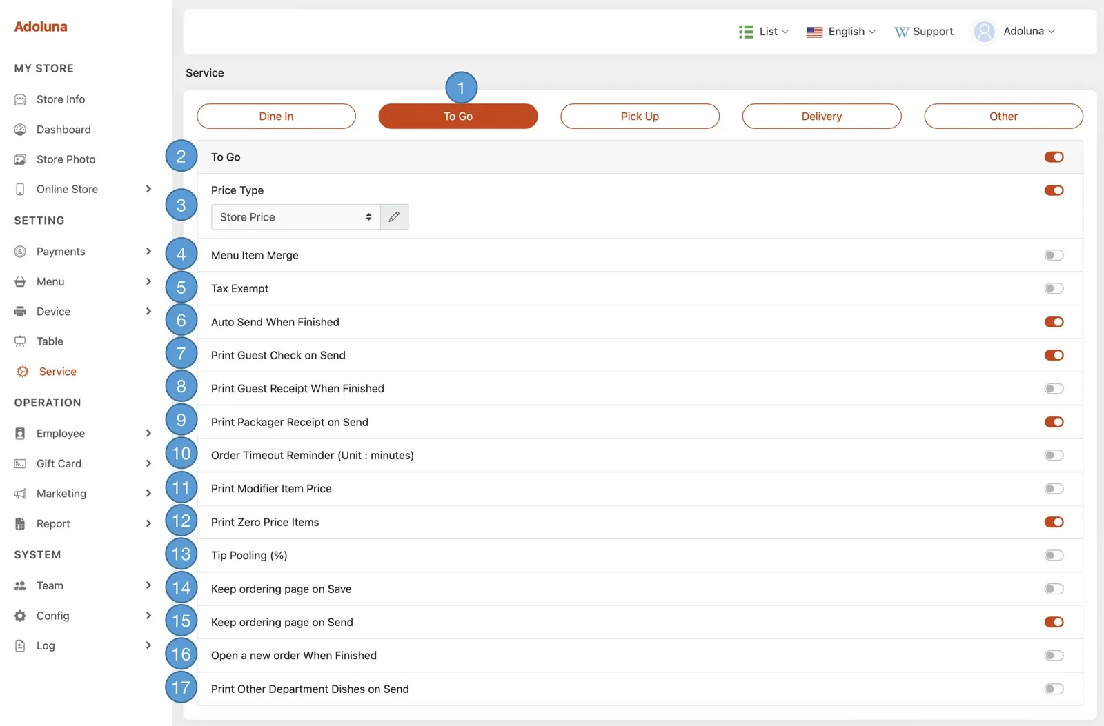 Adoluna Backoffice screen – To Go (Services: To Go)