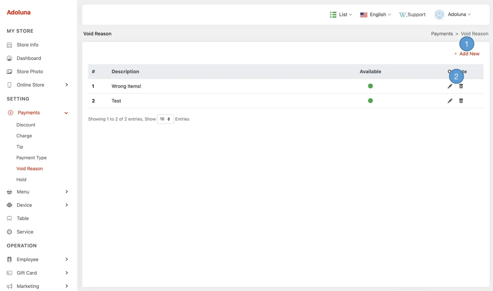 Adoluna Backoffice screen – Void 1 (Payments: Void Reason)