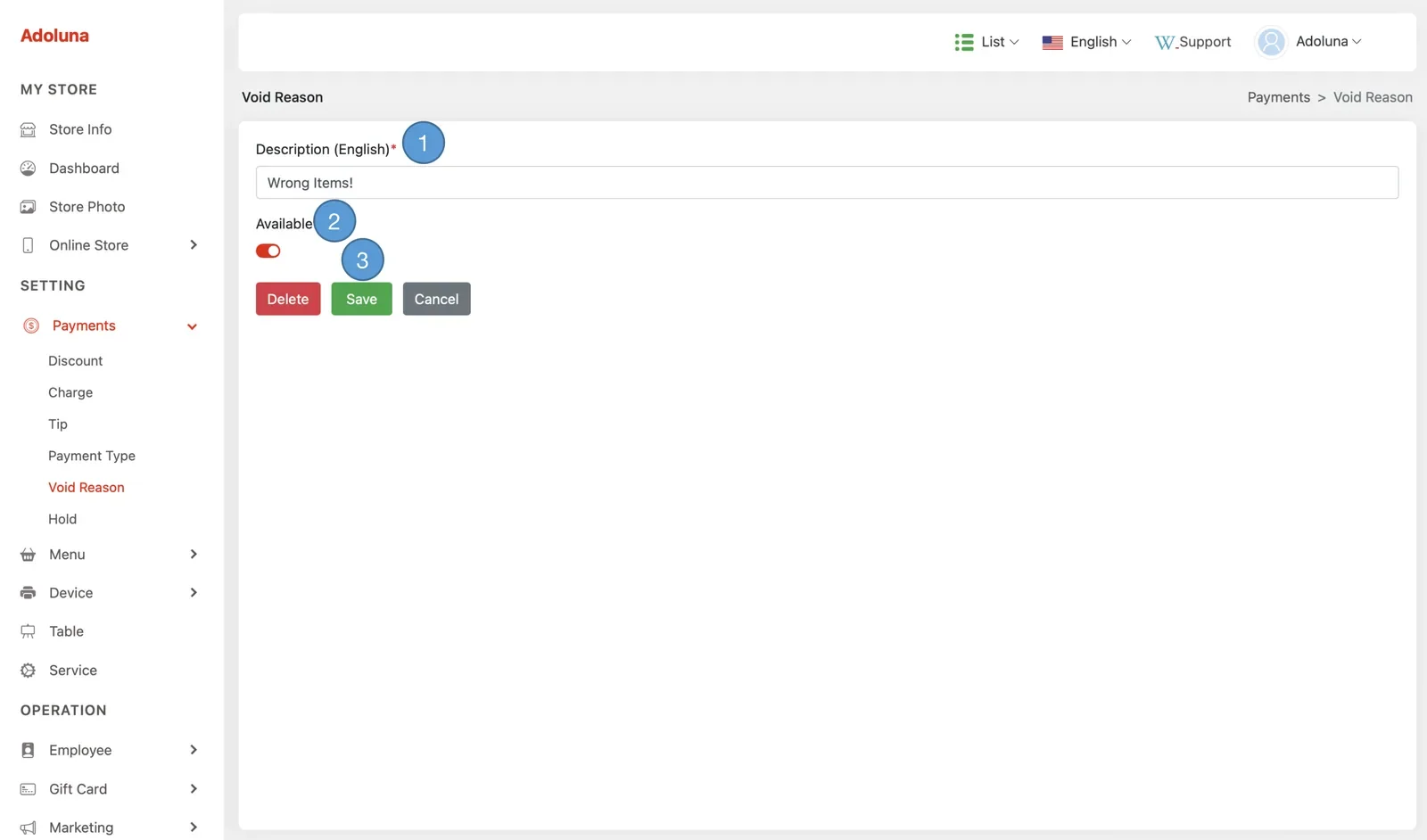 Adoluna Backoffice screen – Void 2 (Payments: Void Reason)