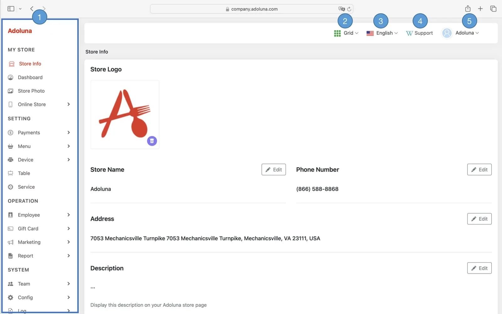 Adoluna Backoffice screen – Overview (Adoluna Store Portal Login: Portal Overview)