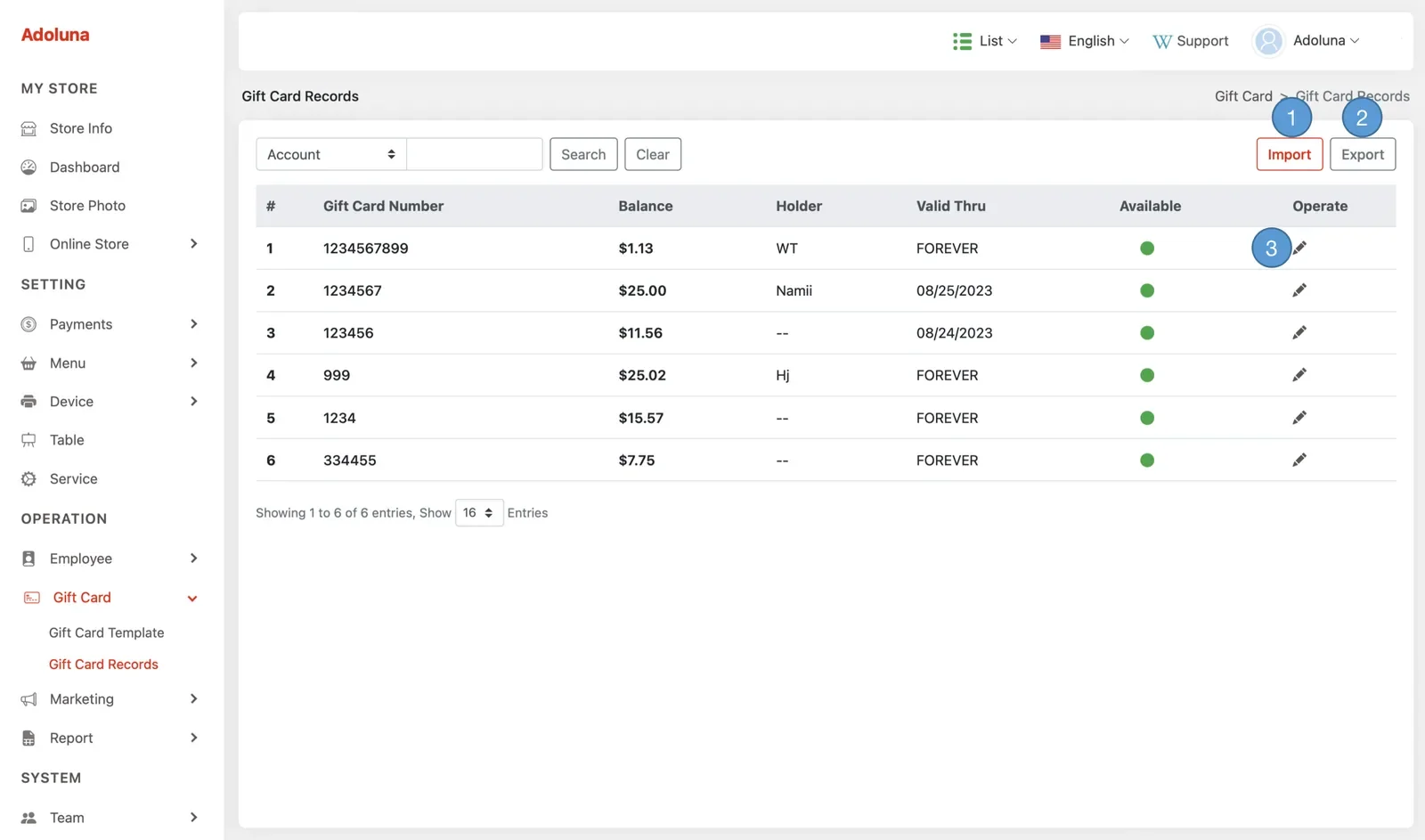 Adoluna Backoffice screen – Gift Card Record 1 (Gift Card Templates & Records (Backoffice): Gift Card Records)