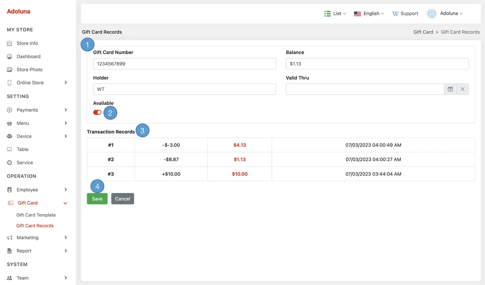 Adoluna Backoffice screen – Gift Card Record 2 (Gift Card Templates & Records (Backoffice): Gift Card Records)