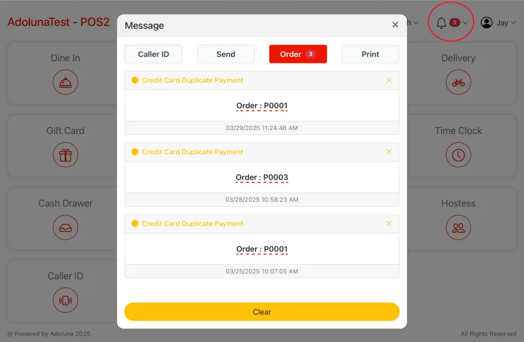 Adoluna POS screen – Open the Notification Center, navigate to the Order tab , find the… (How to Find and Refund Duplicate Credit Card…