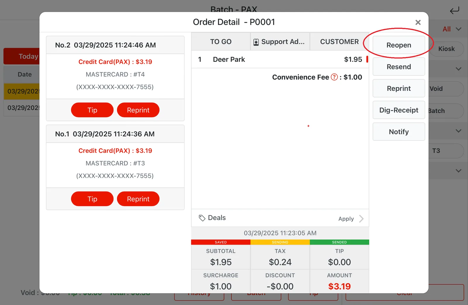 Adoluna POS screen – Find the order with the duplicate payment and tap Reopen . (How to Find and Refund Duplicate Credit Card Charges?: How…