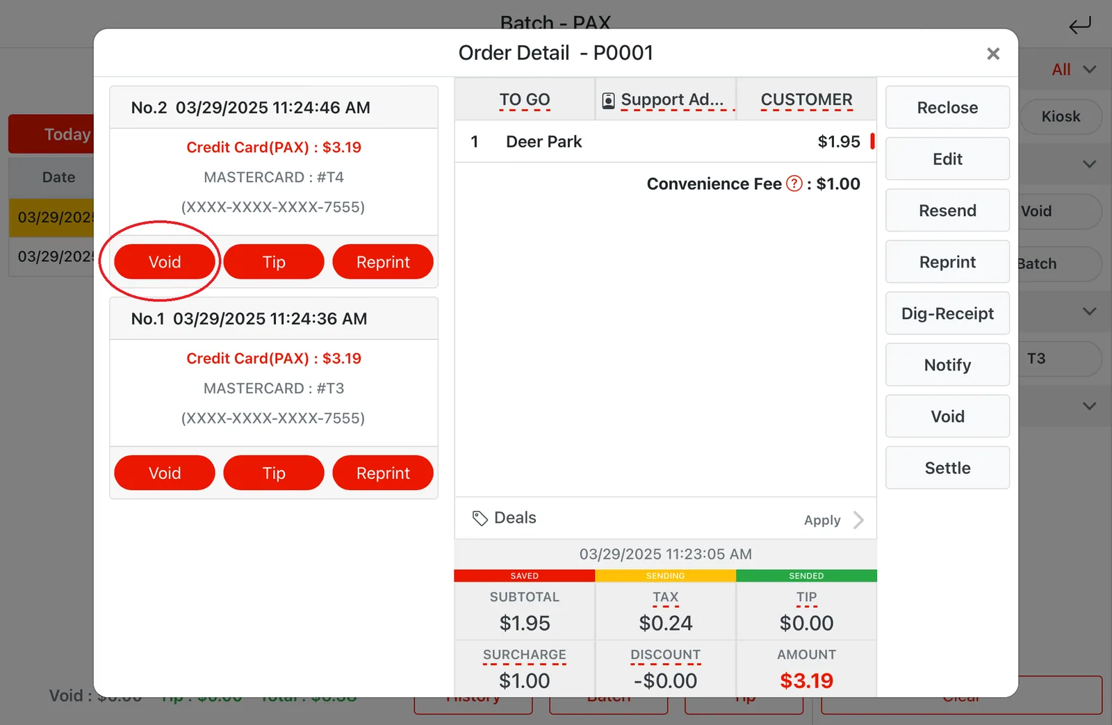 Adoluna POS screen – Once the order is reopened, the Void payment button will appear. Tap… (How to Find and Refund Duplicate Credit Card…