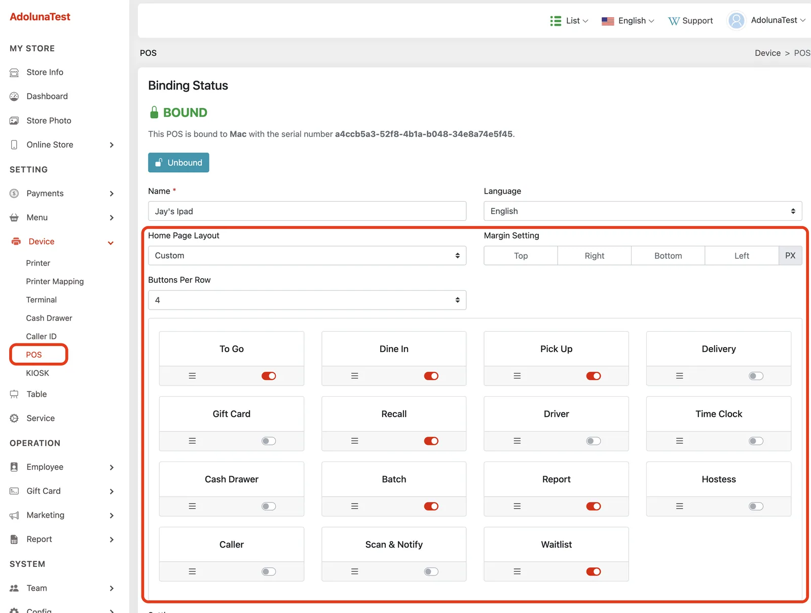 Back office settings for customizing POS home screen modules