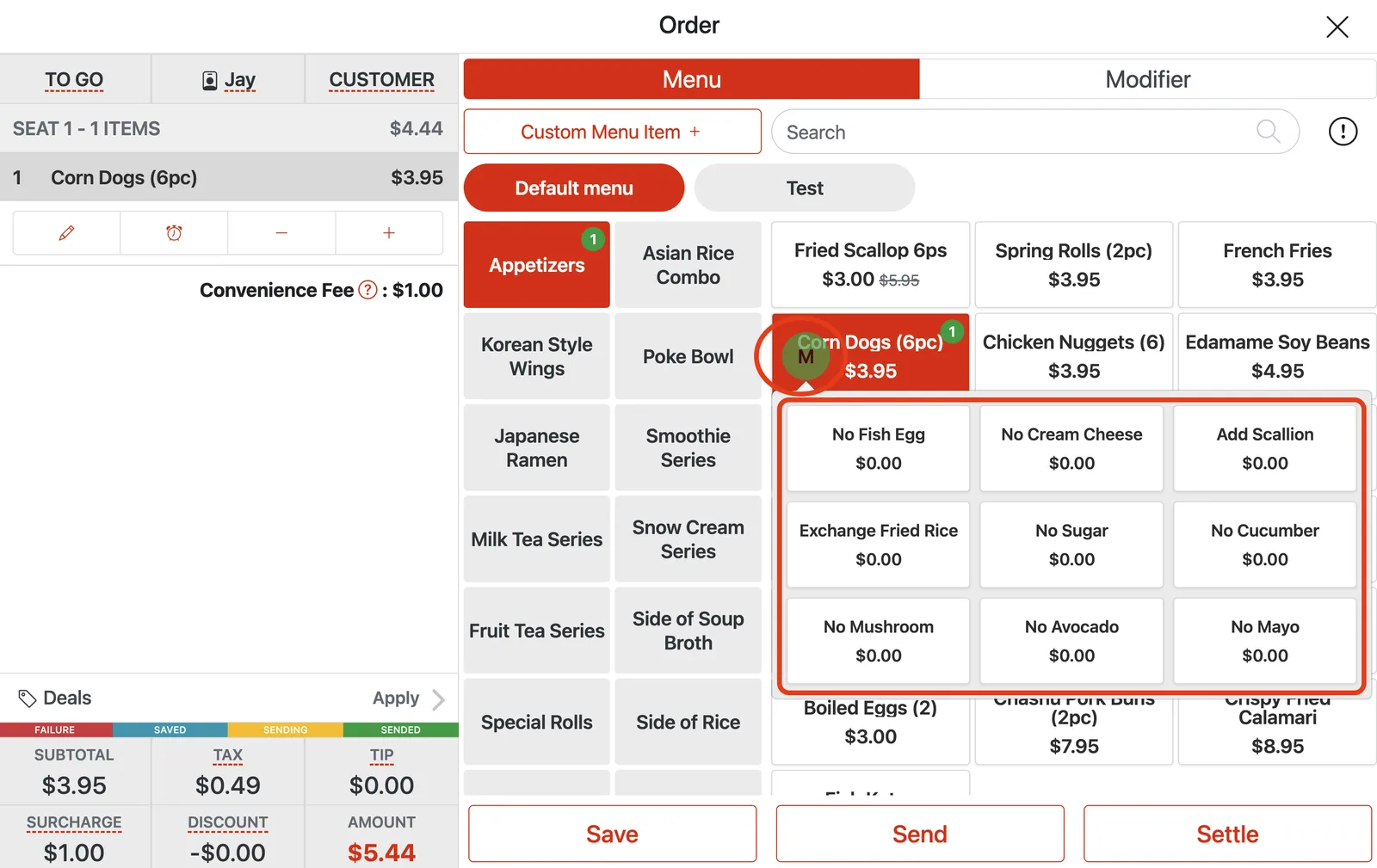 POS order screen showing the most-used modifiers for an item after tapping the Ⓜ icon