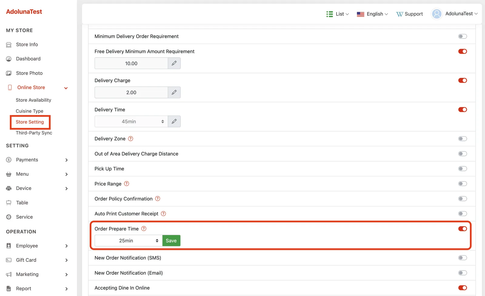 Back office Online Store settings for sending scheduled orders to the kitchen