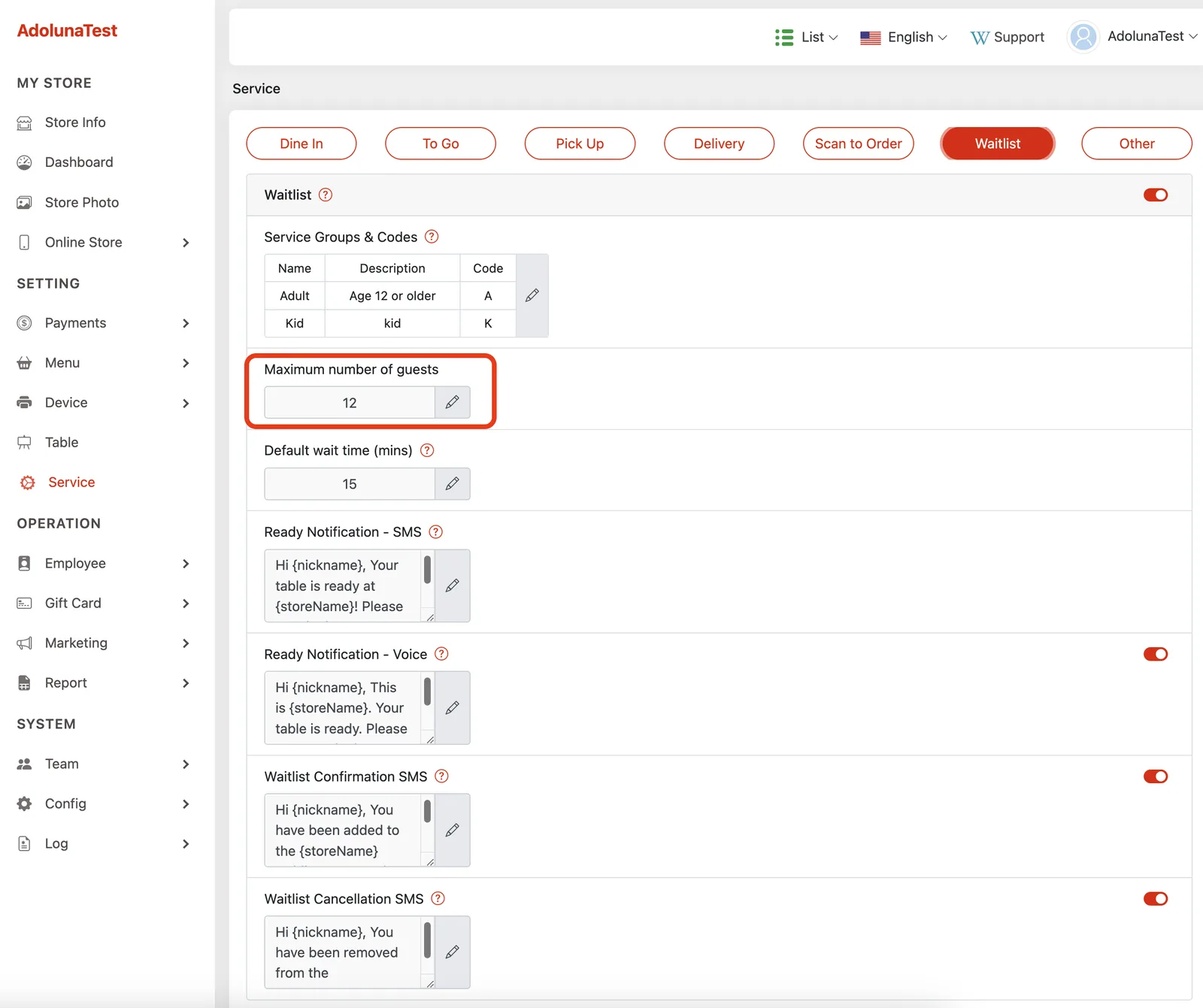 Back office waitlist settings with the maximum capacity option