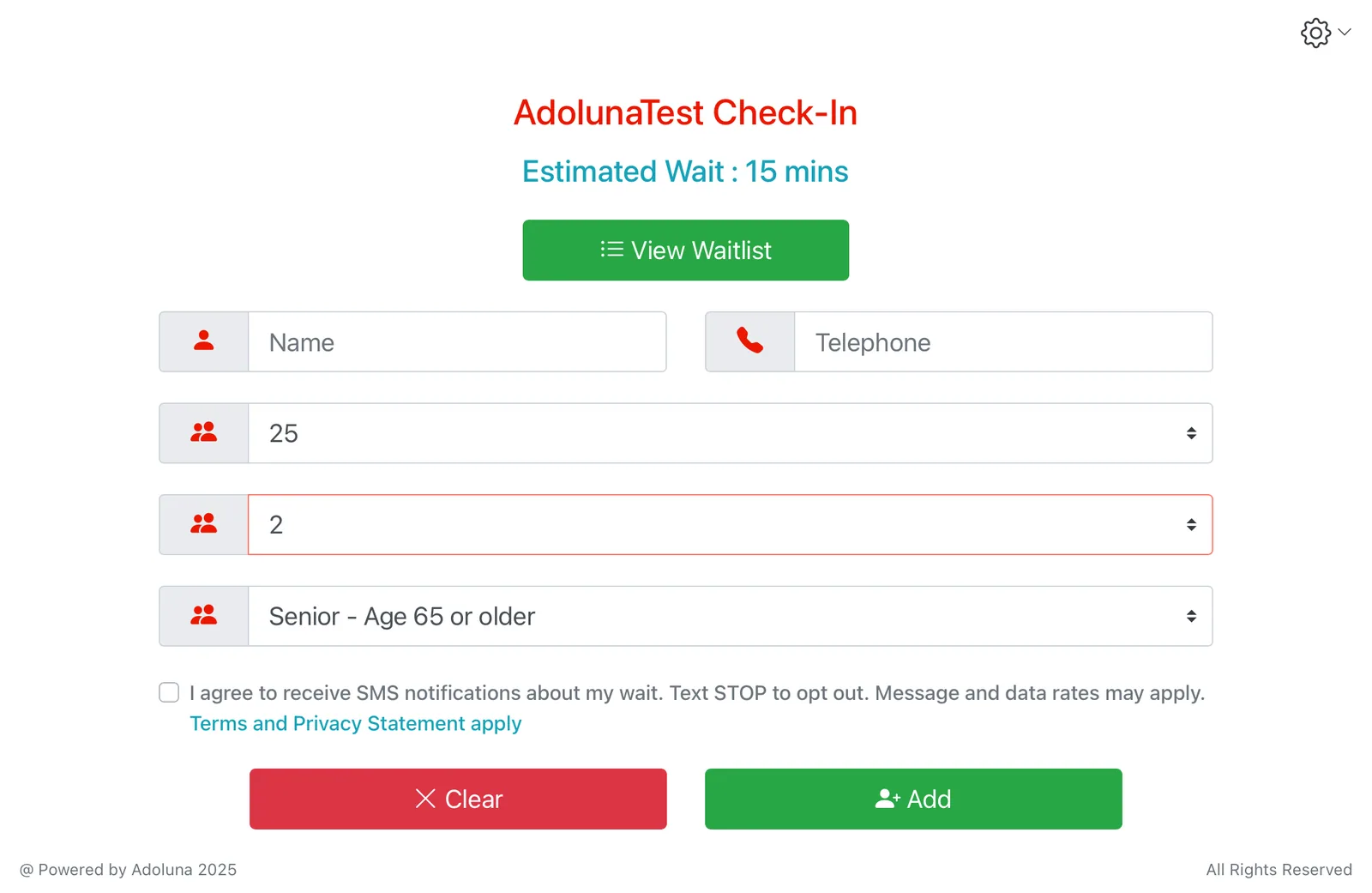 Waitlist self check-in kiosk screen