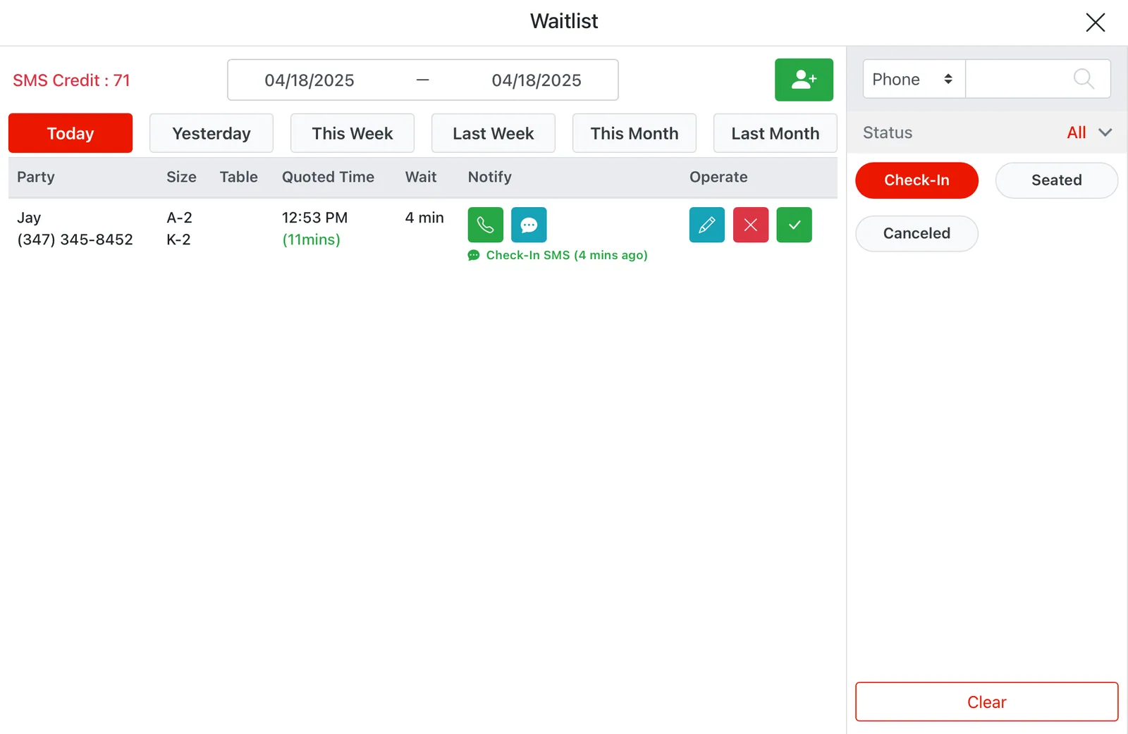 POS waitlist management screen