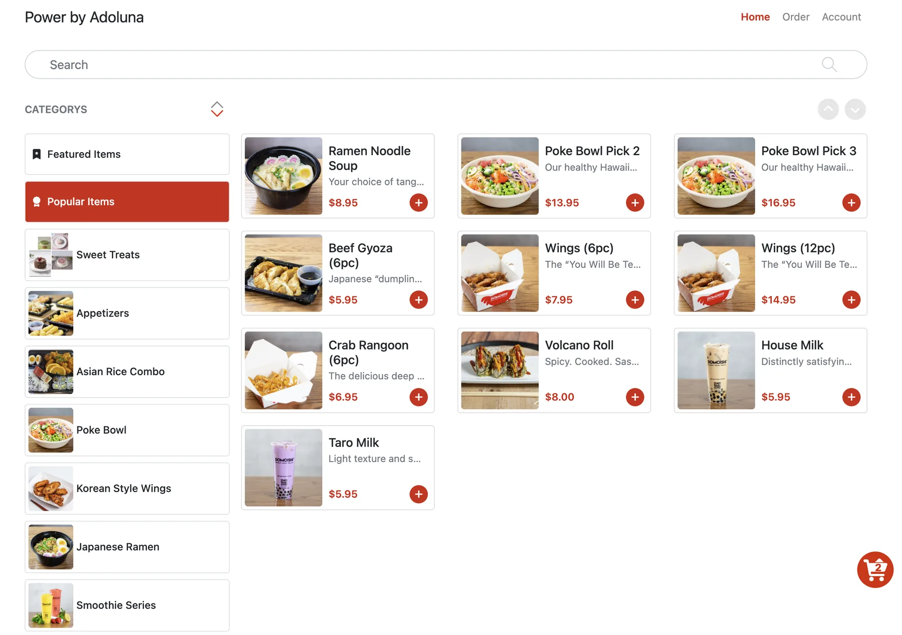 Adoluna online ordering store page – Popular Items