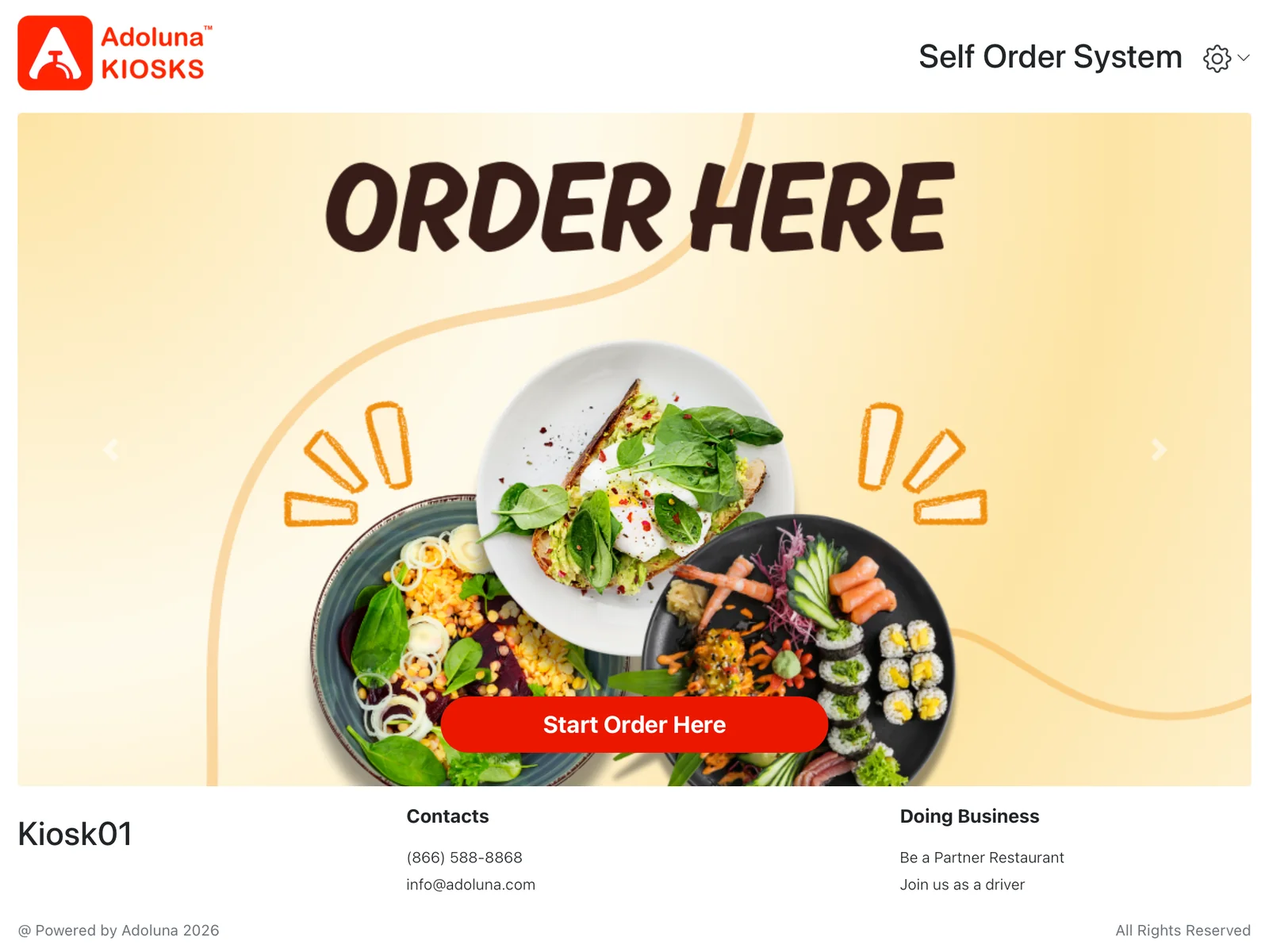 Adoluna self-order kiosk welcome screen with an "Order Here" banner and a Start Order Here button