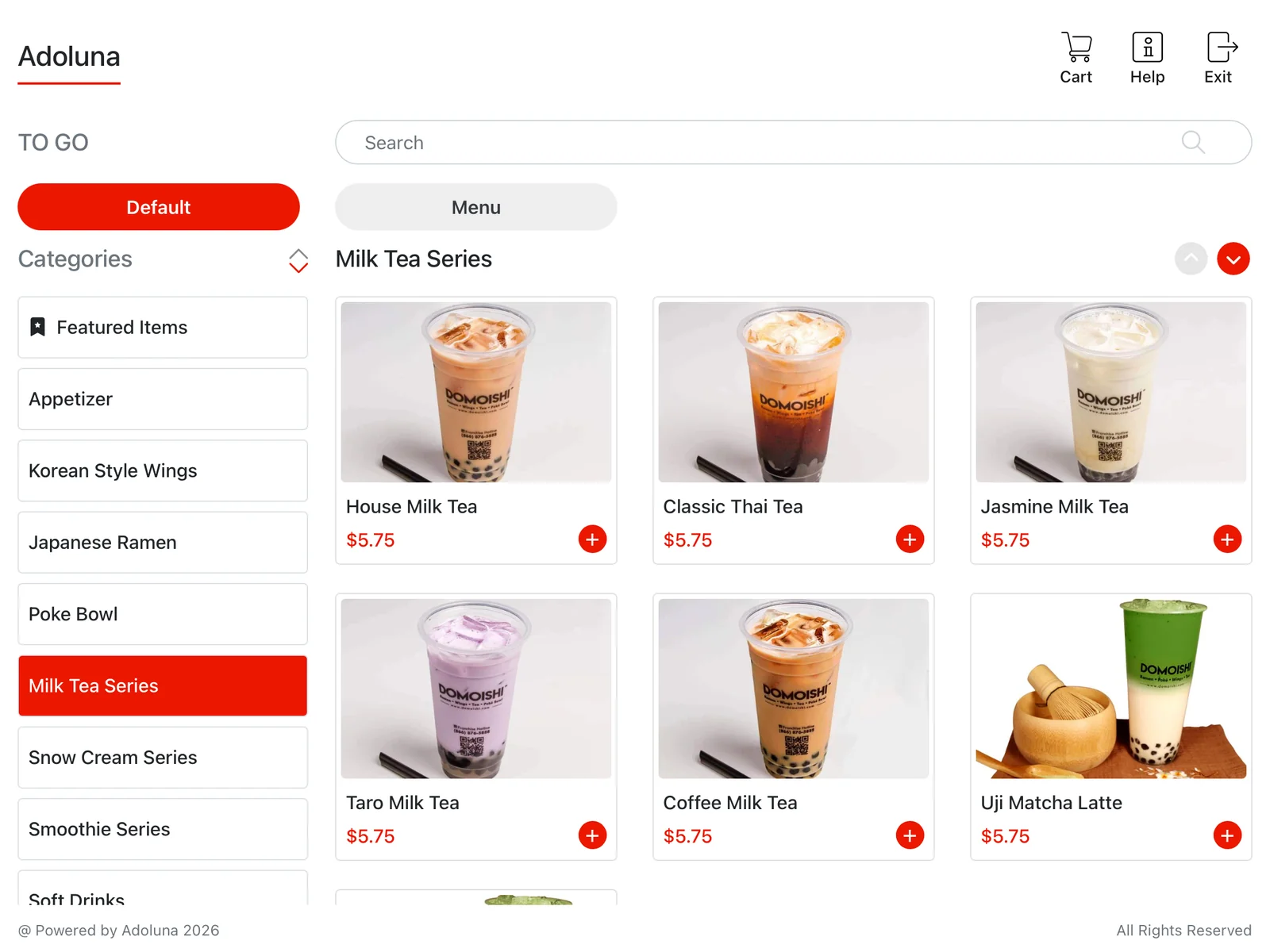 Adoluna kiosk menu screen with categories and item photos