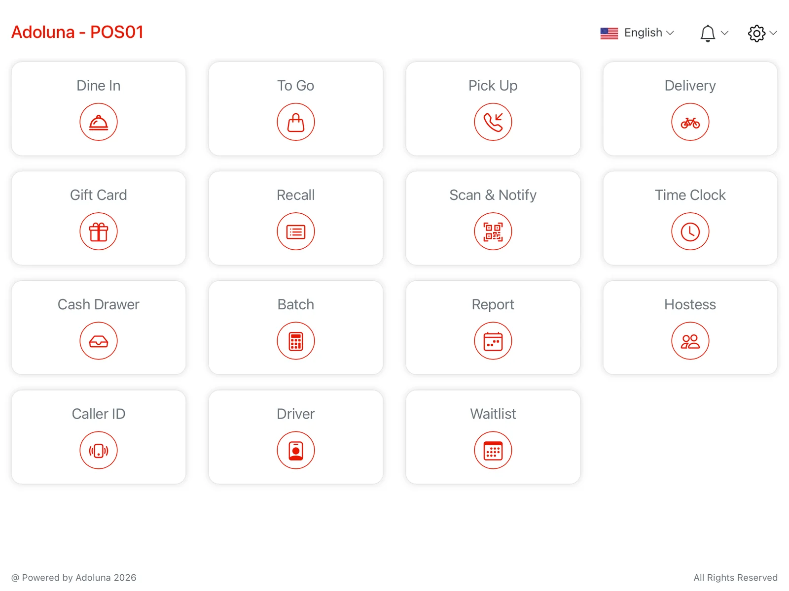 Adoluna POS main screen with Dine In, To Go, Pick Up, Delivery, Gift Card, Recall and other modules