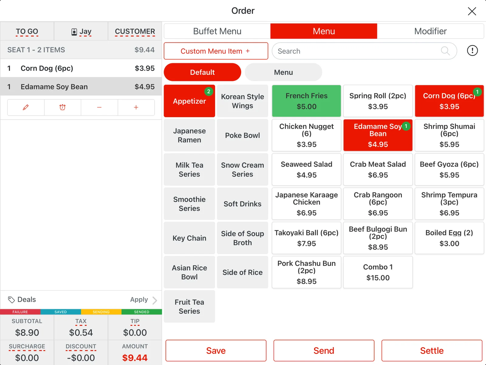 Adoluna POS order screen with menu categories, items and the order summary