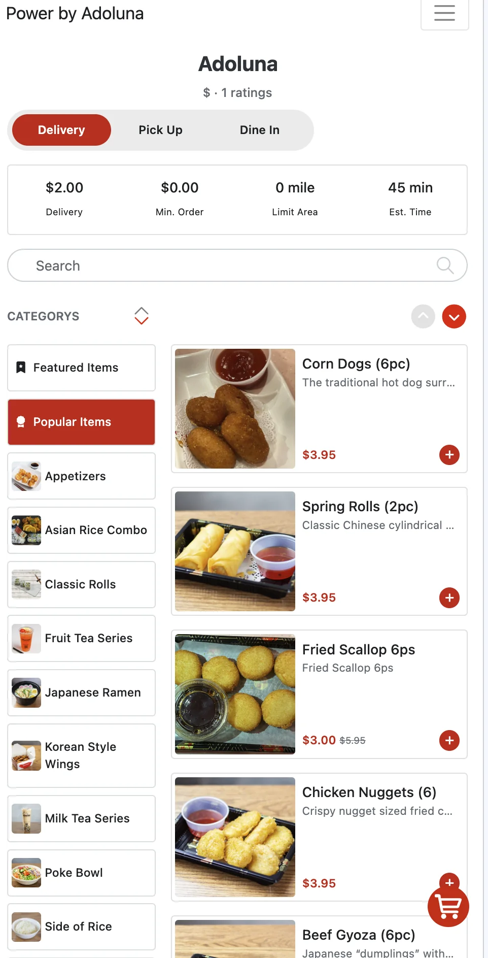 Online ordering menu on a phone with Featured Items and Popular Items shown as categories