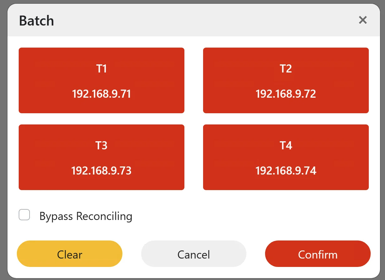 Batch window for choosing card terminals T1 to T4, with the Bypass Reconciling option
