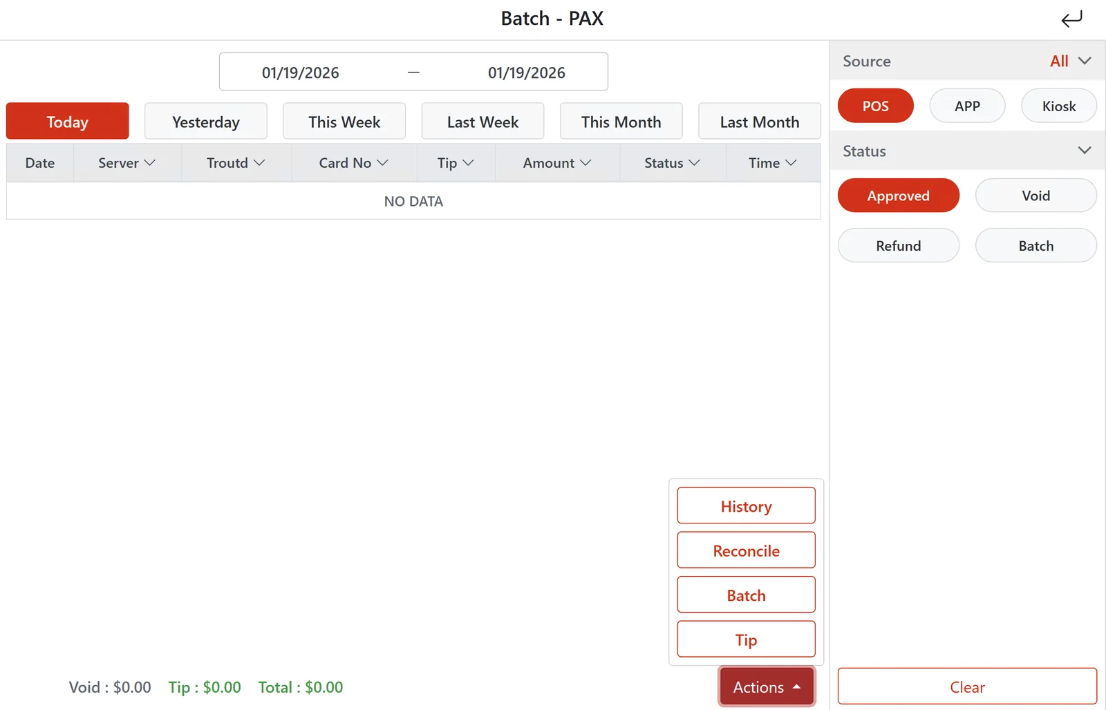 POS Batch screen with the Actions menu open, showing History, Reconcile, Batch and Tip