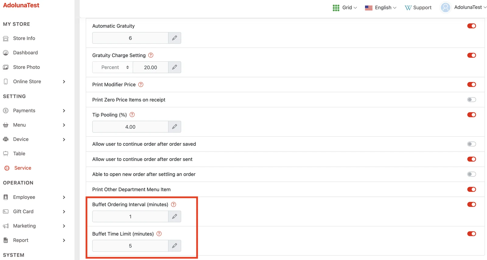 Back office service settings with Buffet Ordering Interval (minutes) and Buffet Time Limit (minutes)