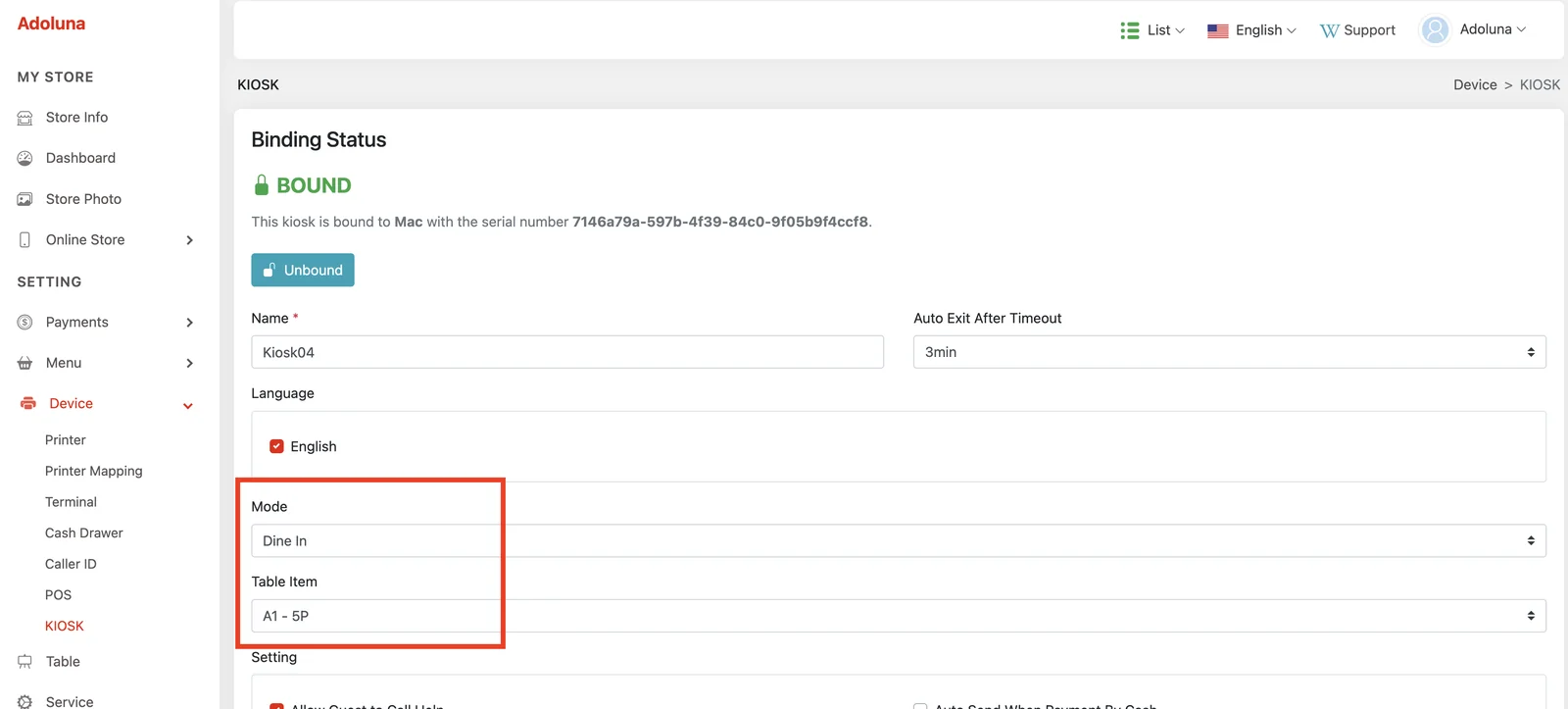 Back office kiosk device settings with Mode set to Dine In and a table selected