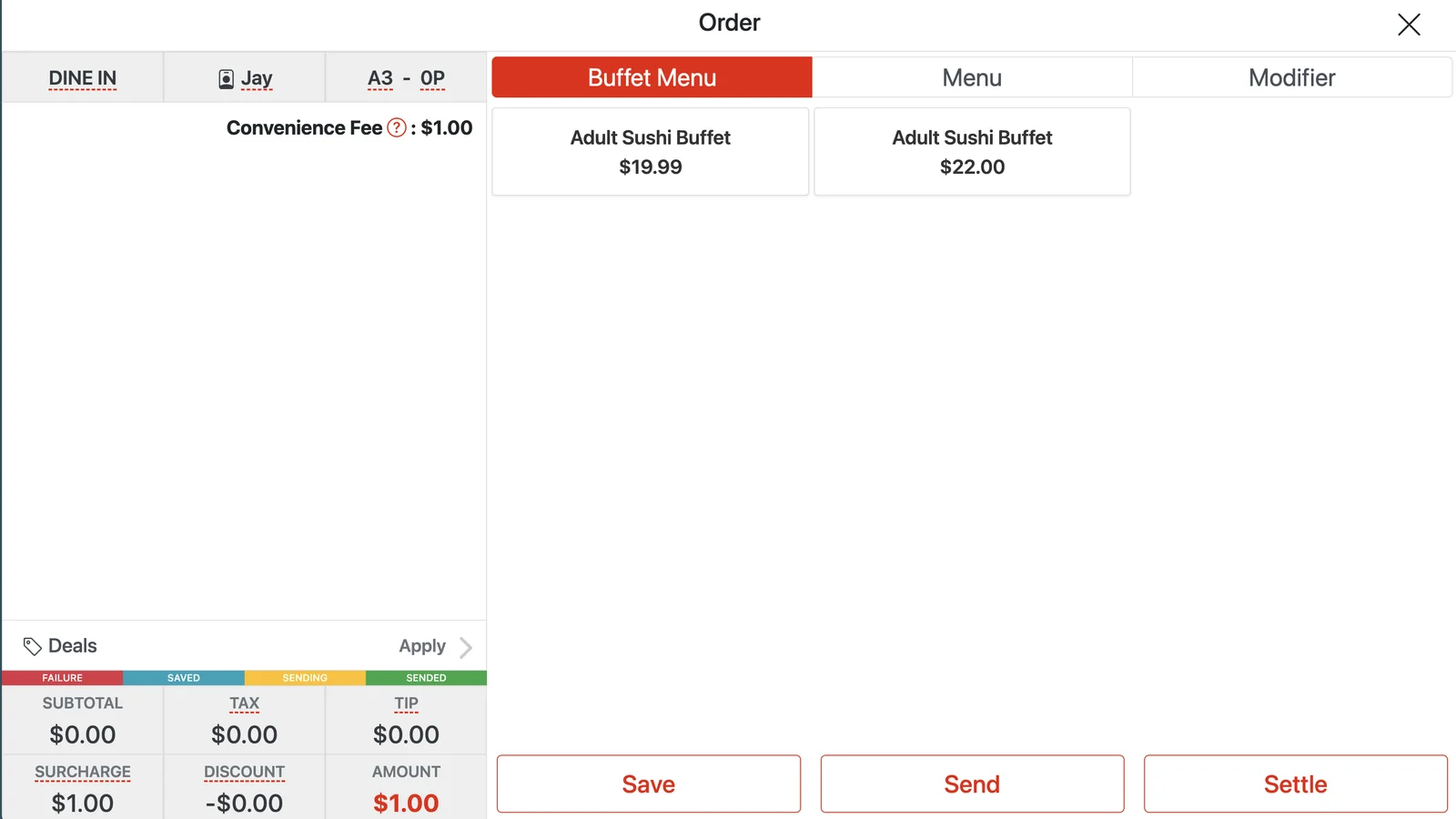 POS order screen with the Buffet Menu tab showing the available buffet menus