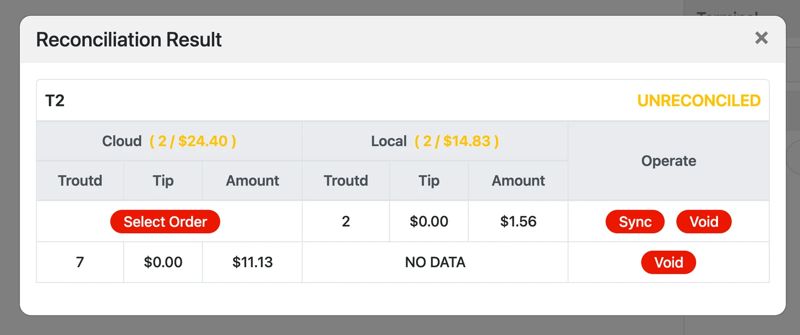 Reconciliation Result window for terminal T2 comparing cloud and local transactions, with Select Order, Sync and Void options