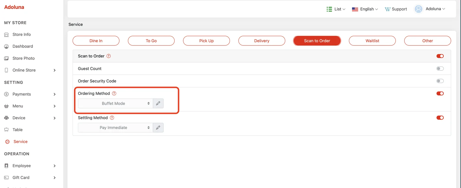 Back office Scan to Order service settings with Ordering Method set to Buffet Mode