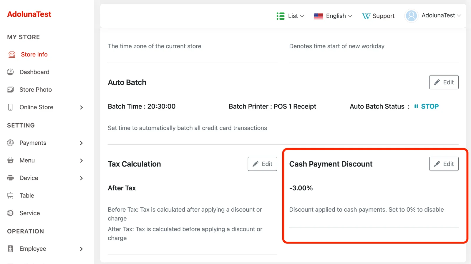 Back office Store Info screen with the Cash Payment Discount setting