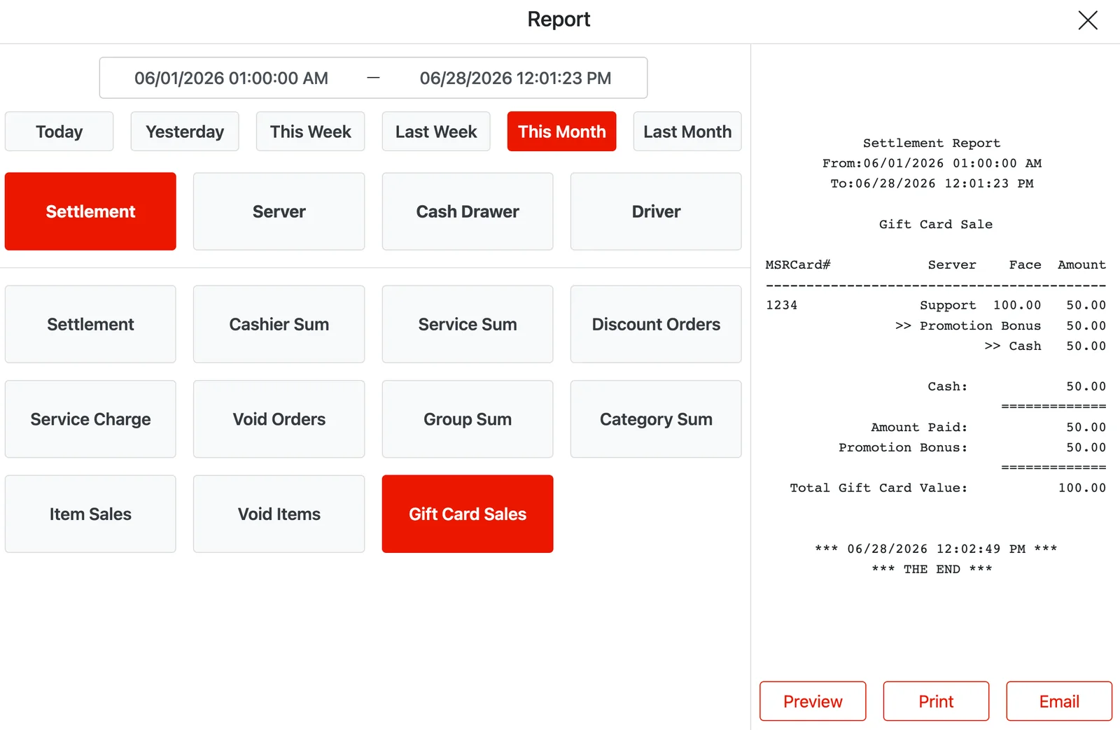 POS Report screen with the Gift Card Sales report showing amount paid, promotion bonus and total gift card value