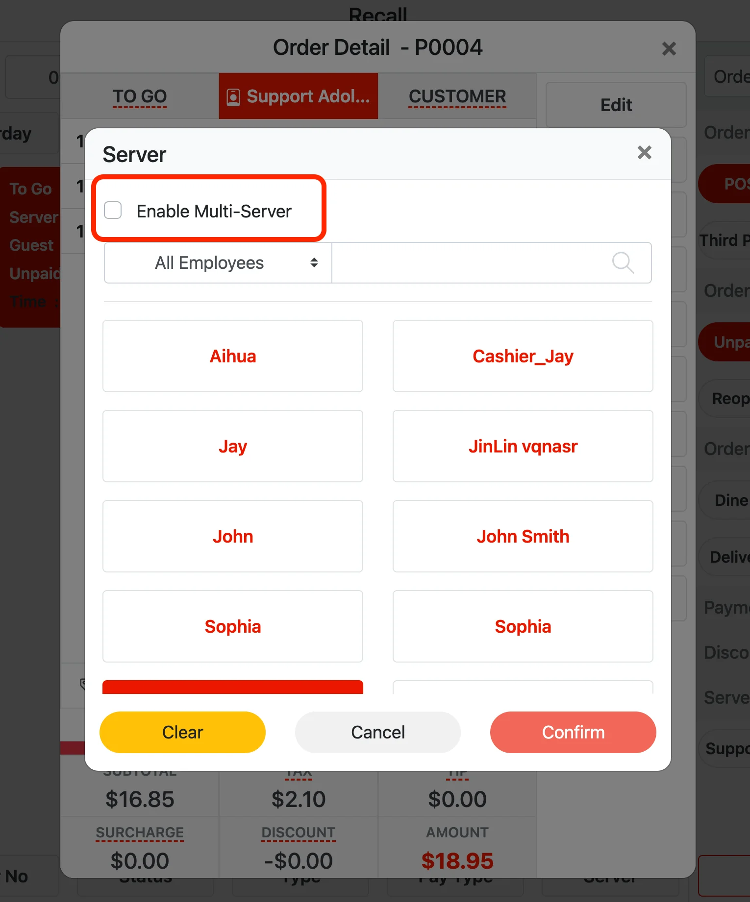 POS order detail with the Server selection window and the Enable Multi-Server option