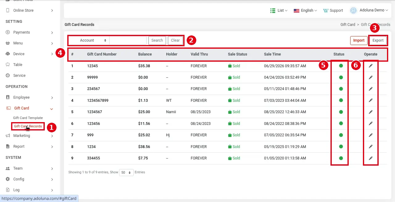 2.10.2 How to view, export and freeze gift card records – 2102-1