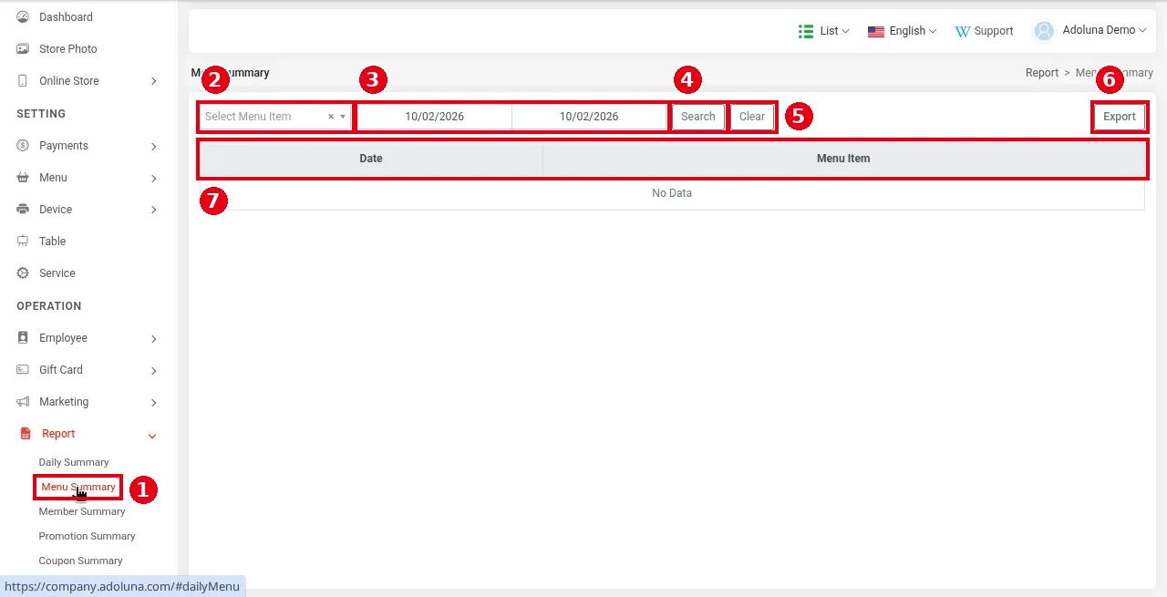 2.11.3 How to run the Menu Summary report – 2113-1
