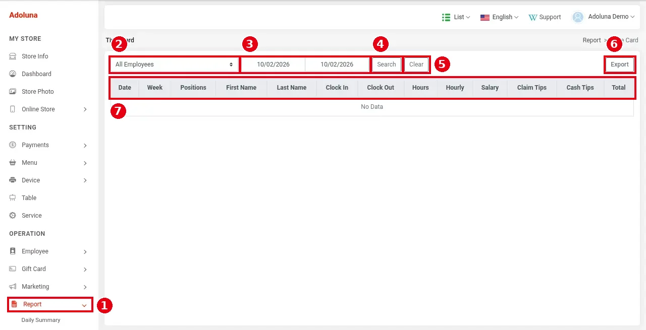 2.11.4 How to export the Time Card report (hours, wages, tips) – 2114-1