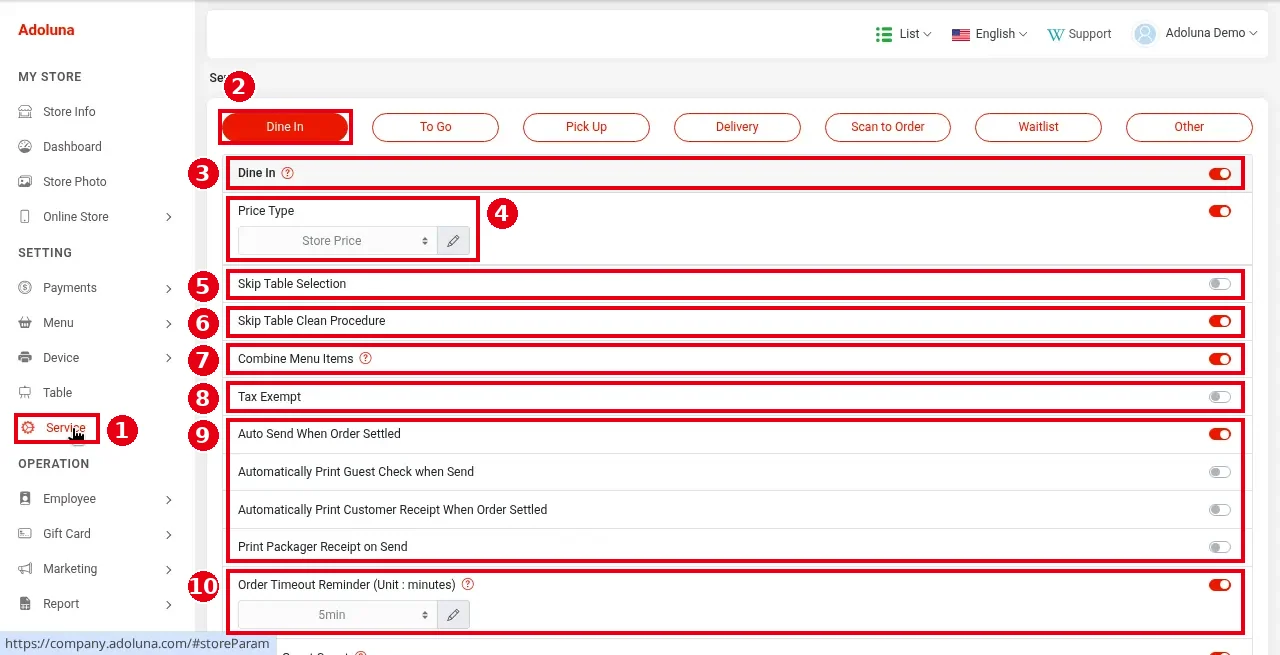 2.5.1 How to configure Dine In service settings – 251-1