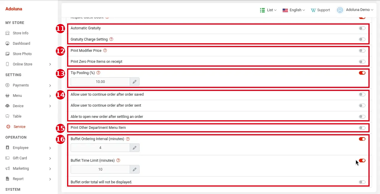2.5.1 How to configure Dine In service settings – 251-2
