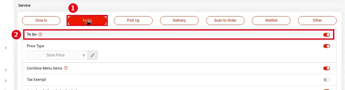 2.5.2 How to configure To Go, Pick Up and Delivery settings – 252-1