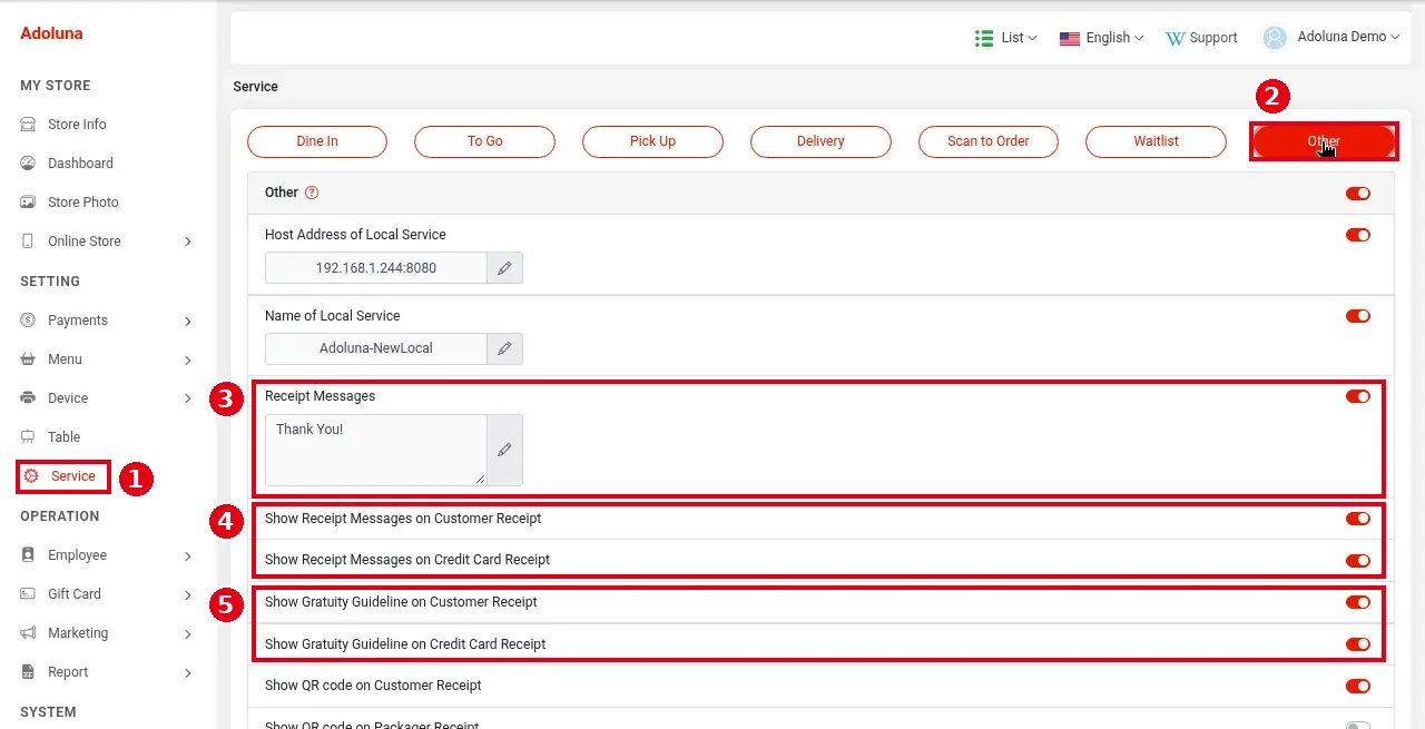 2.5.5 How to set receipt messages and tip guidelines – 255-1